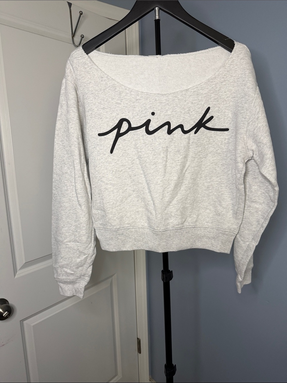 PINK Victoria's Secret Light Gray Off-Shoulder Sweatshirt with Black Script